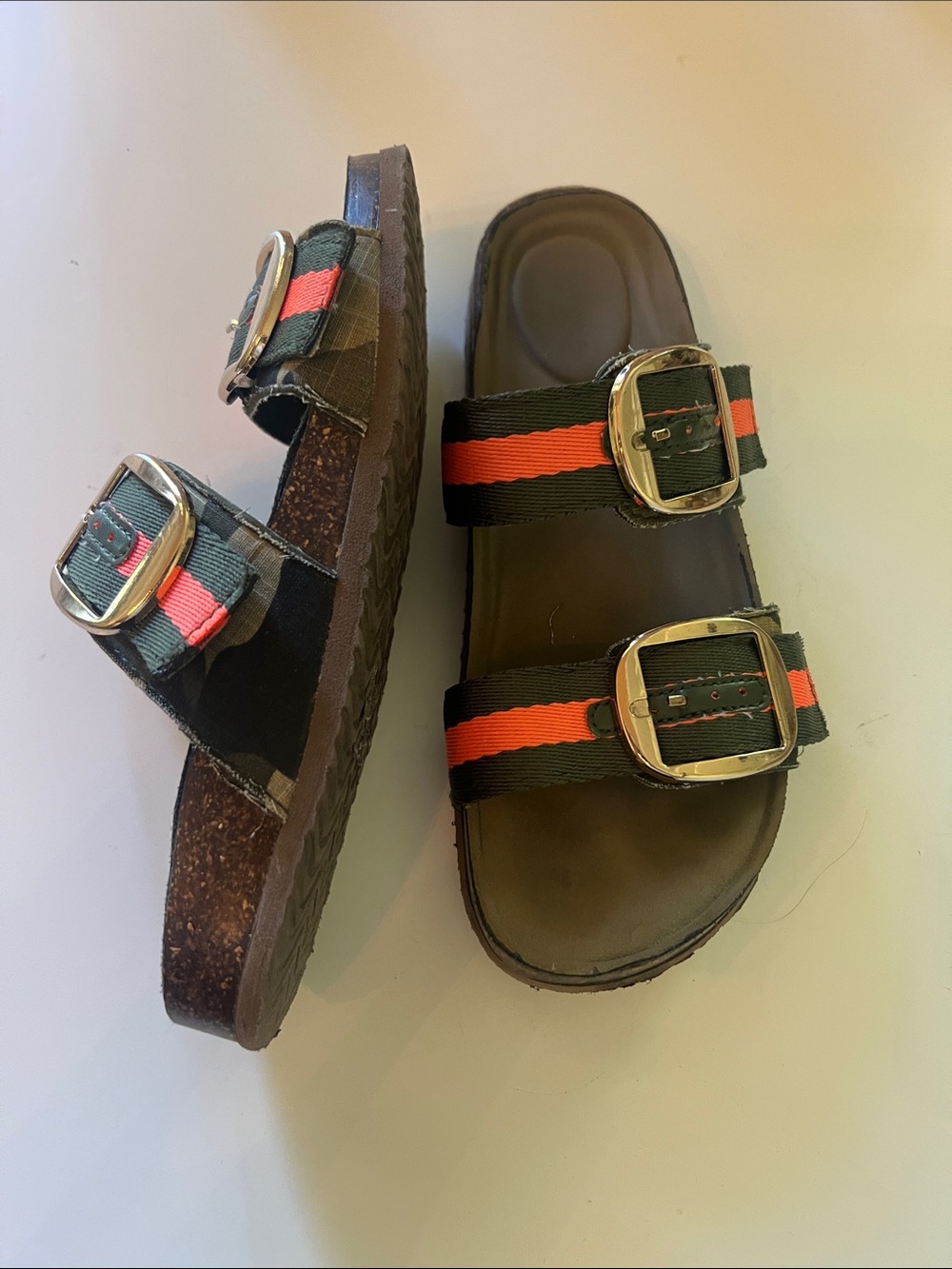 Double-Buckle Slide Sandals in Green and Coral